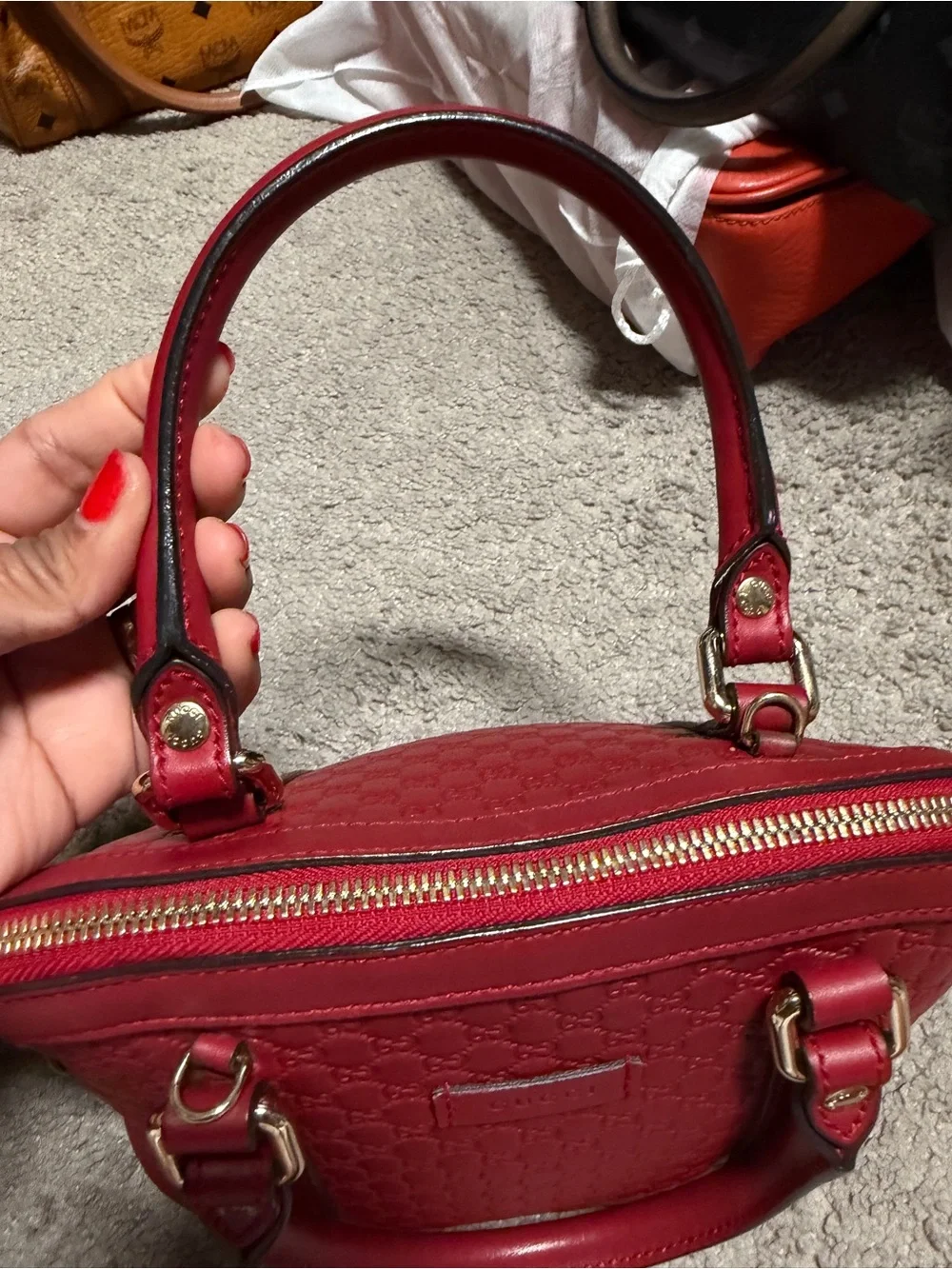Gucci Red GG-Embossed Dome Satchel with Gold Hardware